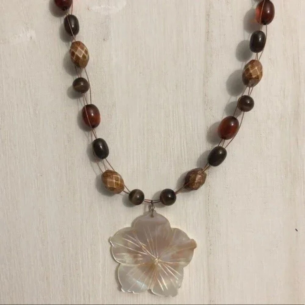 Beaded Layered Necklace Shell Flower Focal